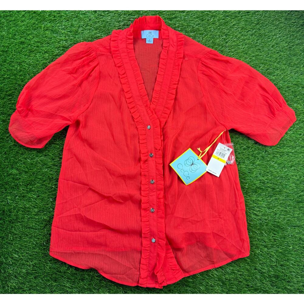 CeCe Womens Blouse Medium Coral Sunset Ruffle V Neck Puff Sleeve Button Top NWT